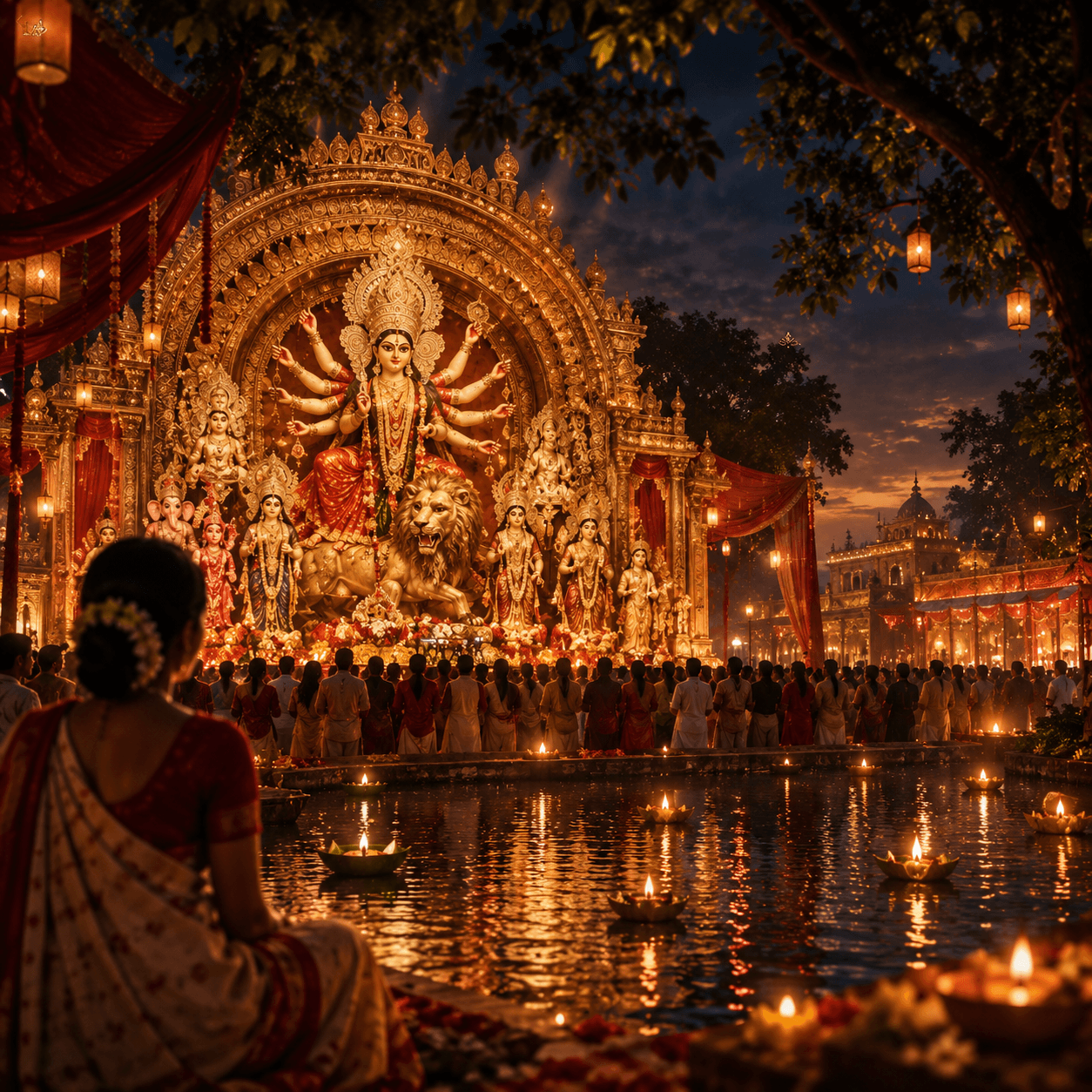 A Durga Puja celebration reflected on water at night